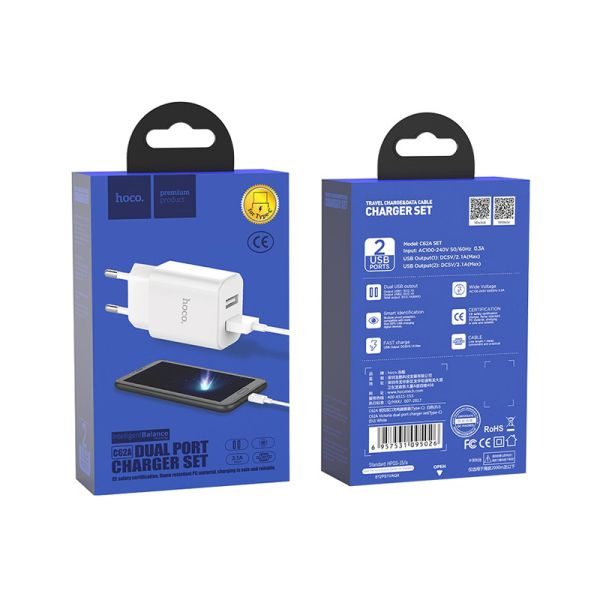 Hoco set C62A Victoria kućni punjač dual USB 2,1A beli type-c kabl