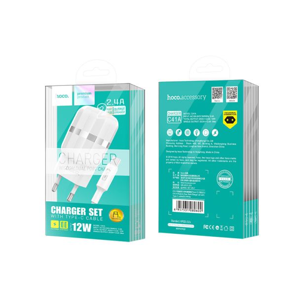 Hoco set C41A Wisdom kućni punjač dual USB 2,4A beli type-c kabl