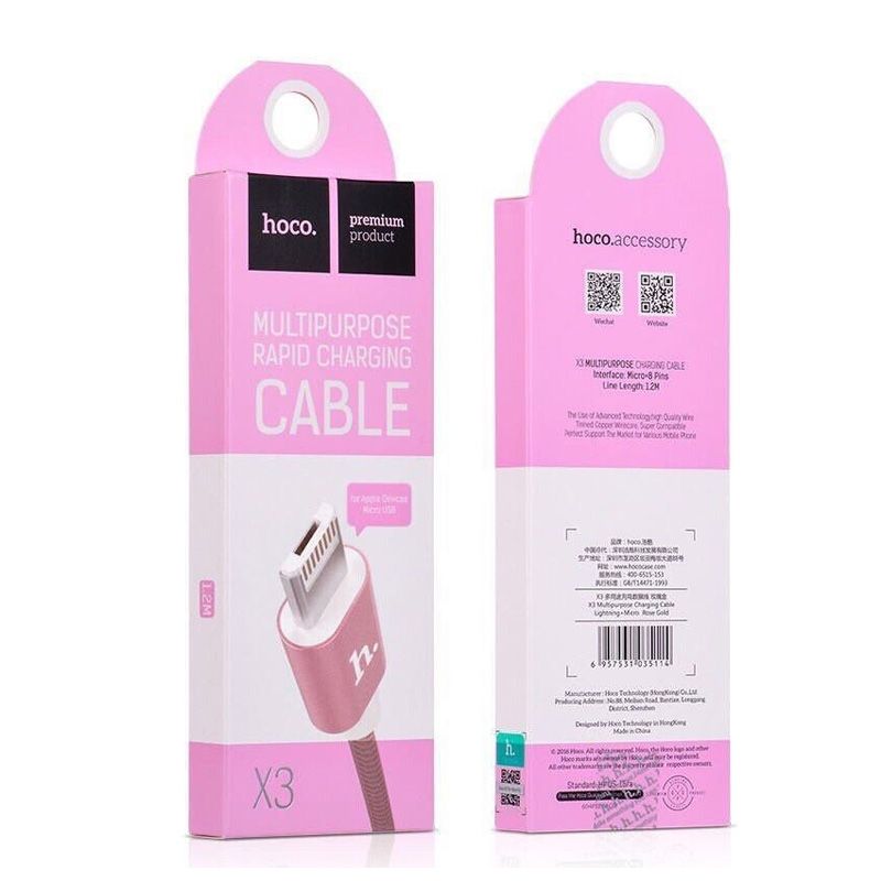Hoco X3 Rapid Charging kabl 2u1 Micro/iPhone 5/6 pink