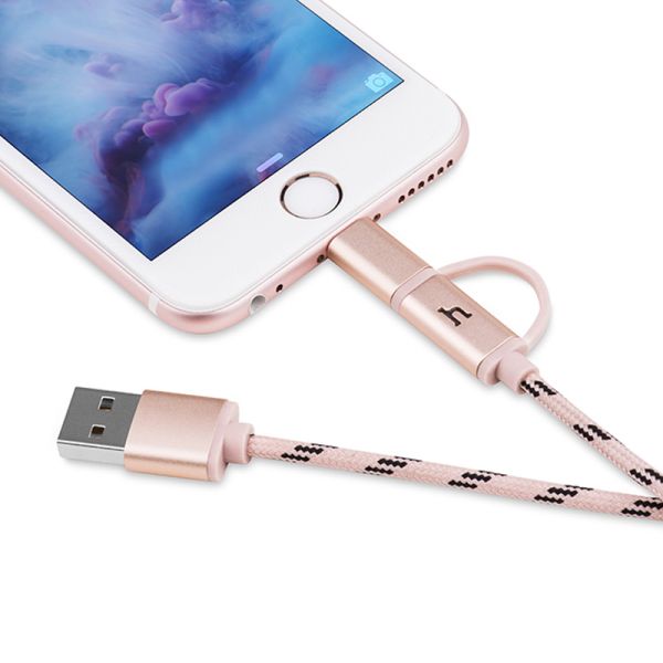 Hoco UPL20 Pleteni metalni kabal 2u1 Micro/iPhone 5/6 120cm, roze zlatni