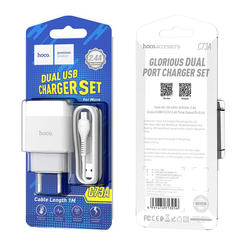 HOCO Wall charger “C73A Glorious” EU plug dual USB set with cable(Type-c)